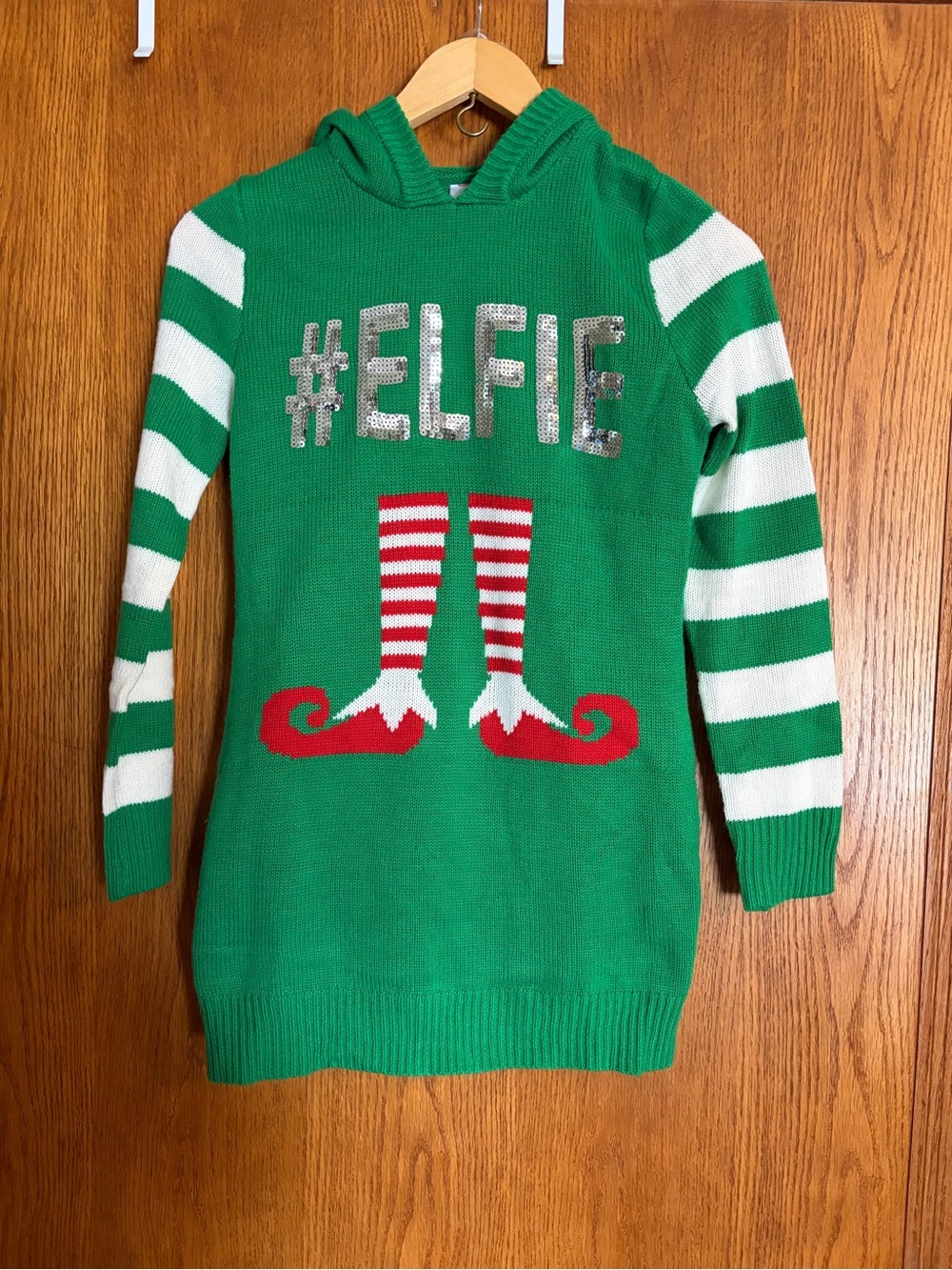 No Boundaries Green Hooded Elf Graphic Knit Dress